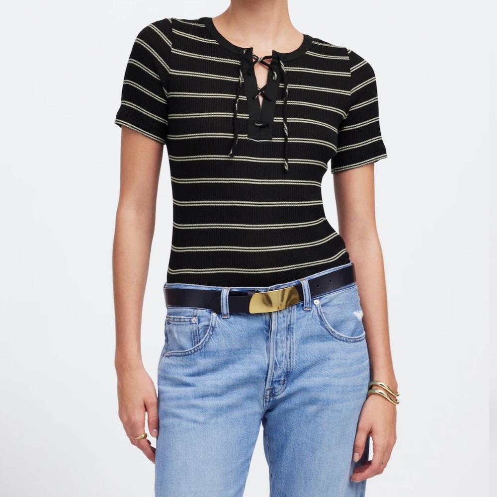 Madewell Ribbed Lace-Up Short-Sleeve Tee Black Striped Slim Fit Cotton - Size M